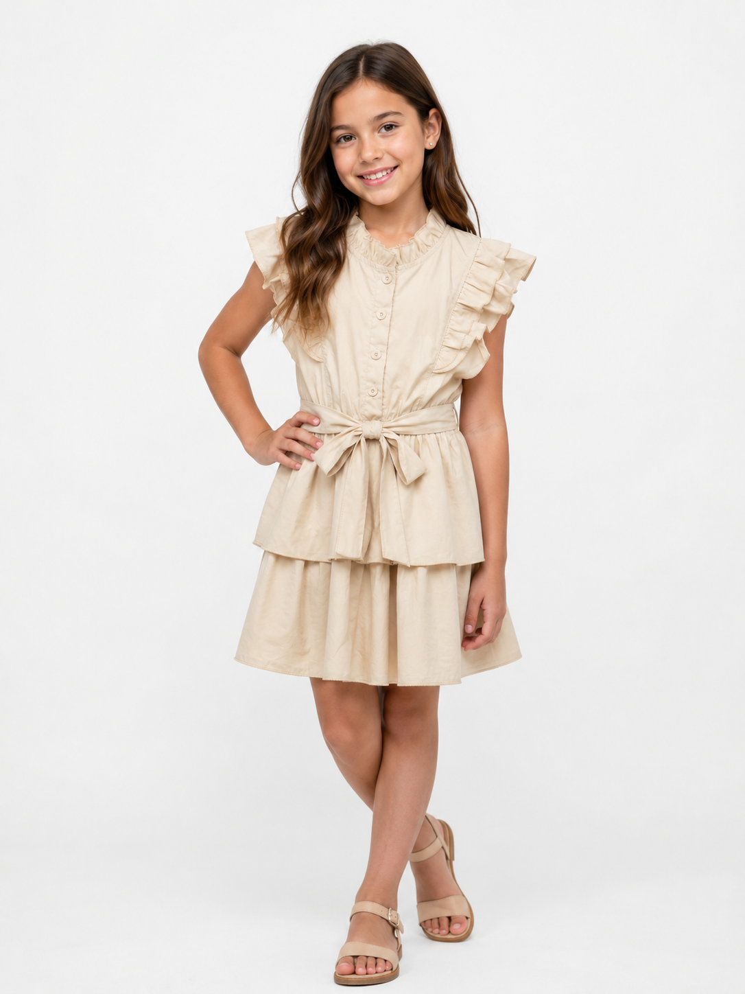 Girls Sleeveless Ruffle Tiered Dress with Waist Tie