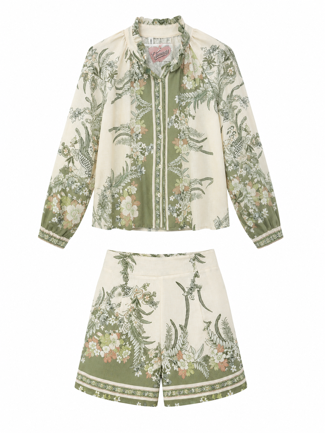 Sage Floral Print Long Sleeve Shorts Set