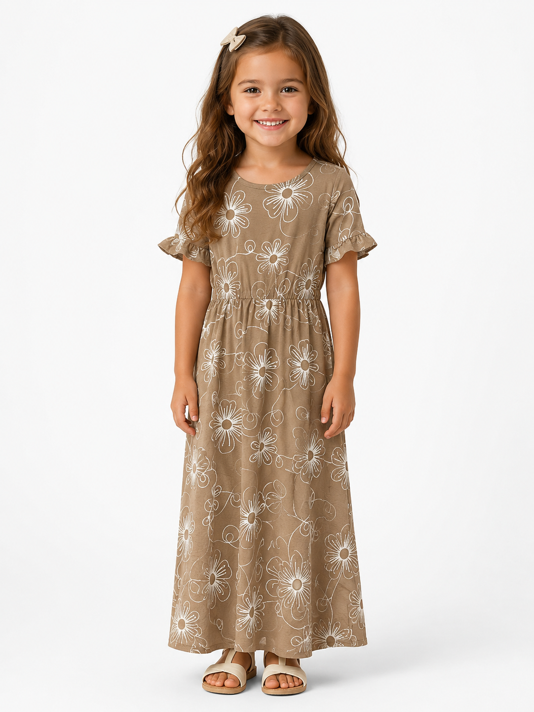 Girls Brown Floral Embroidered Maxi Dress