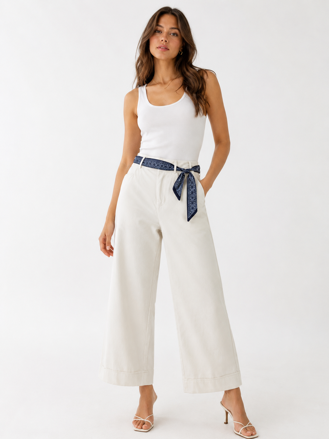 Wide Leg Cropped Trousers With Scarf Belt White