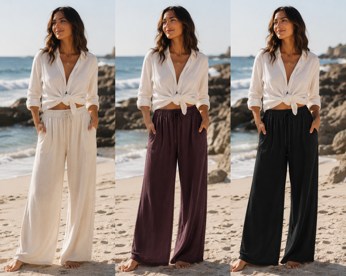Linen Blend Wide Leg Flared Trousers