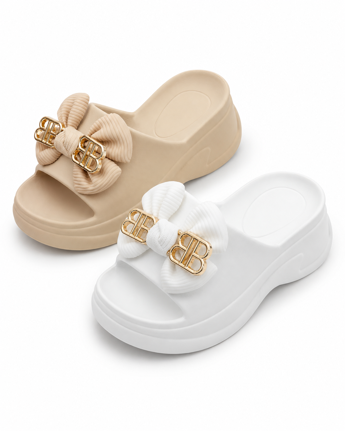 Luxury Bow Cushioned Slider Sandals – White & Beige