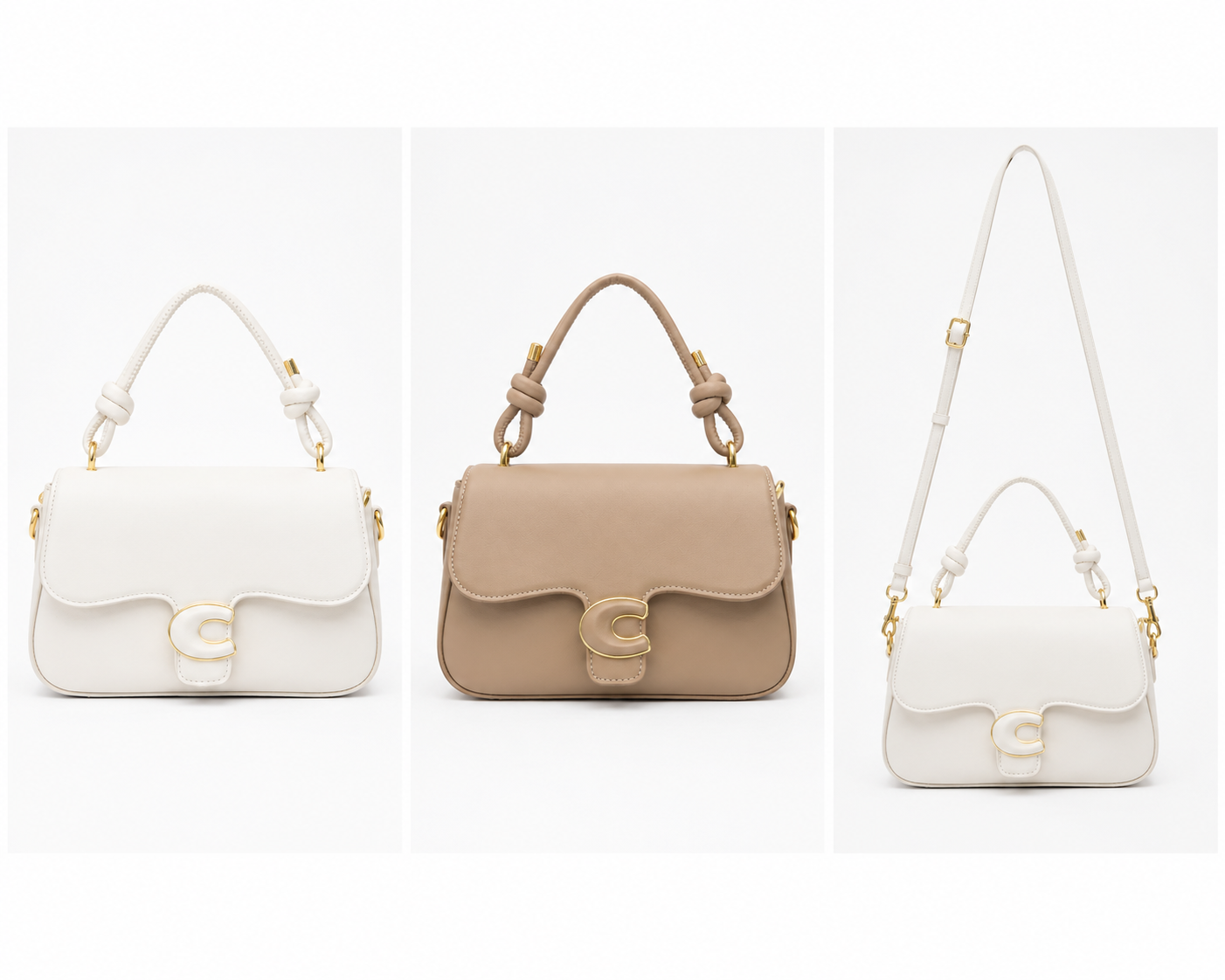 Luxury Knot Handle Crossbody Handbag with Gold Buckle – White & Beige