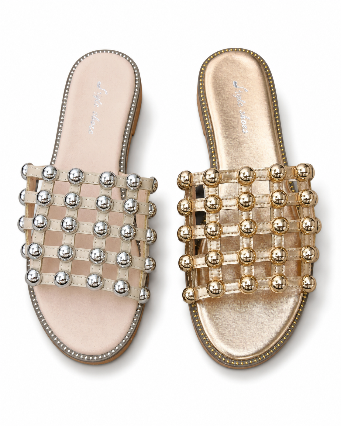 Luxury Embellished Woven Slider Sandals with Metallic Stud Detail