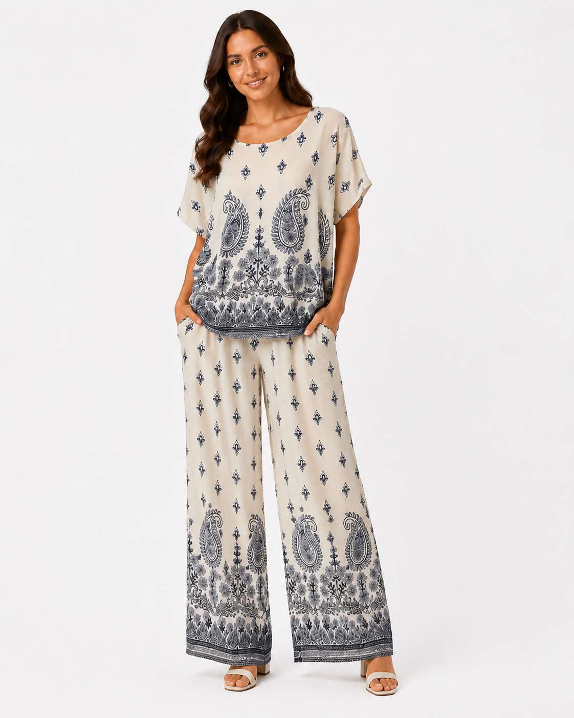 Women's Cream & Navy Paisley Print Co-Ord Set | Wide Leg Trouser Lounge Set