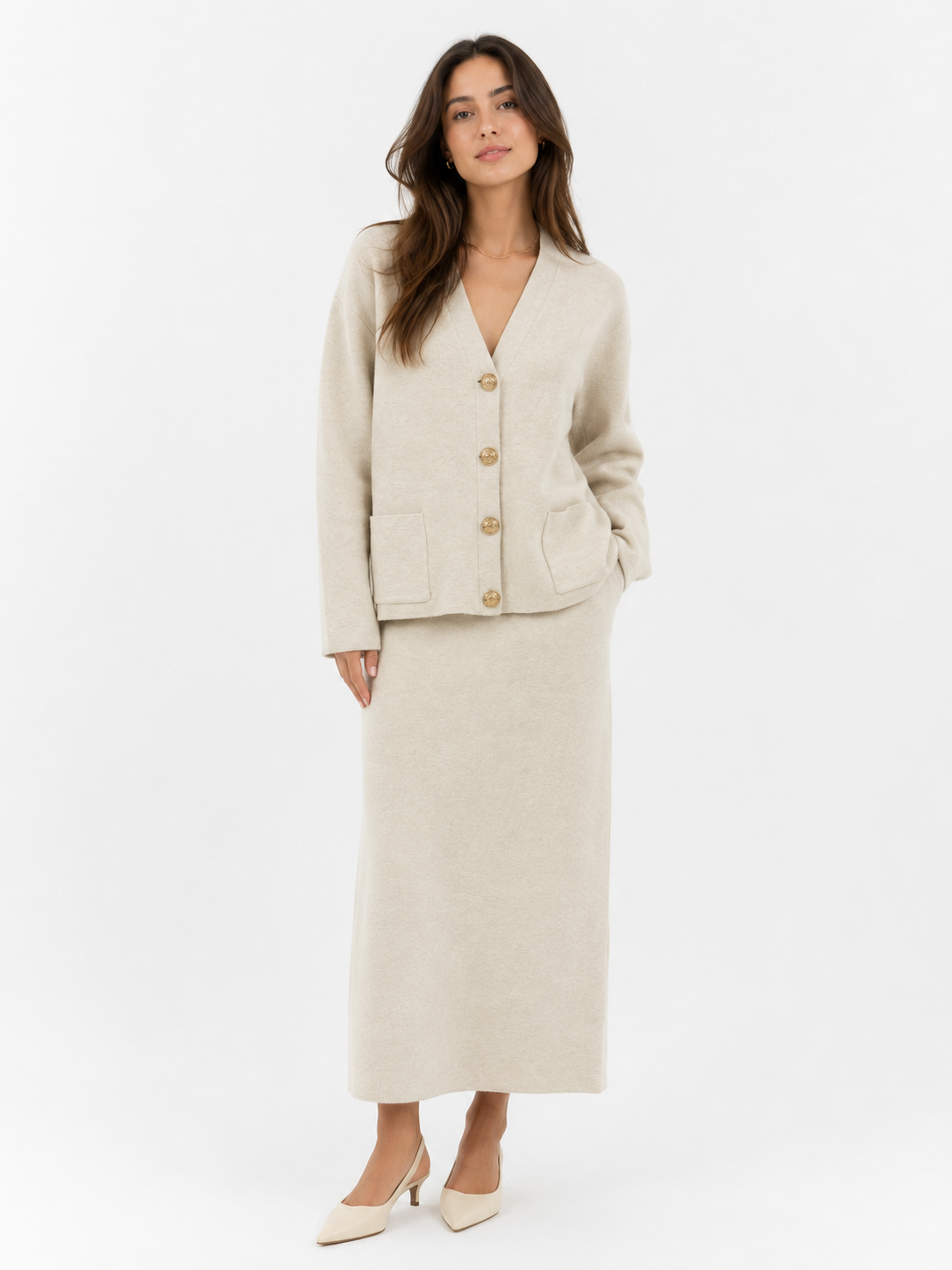 Cream Lilly Soft Knit Skirt Set with Gold Button Detail