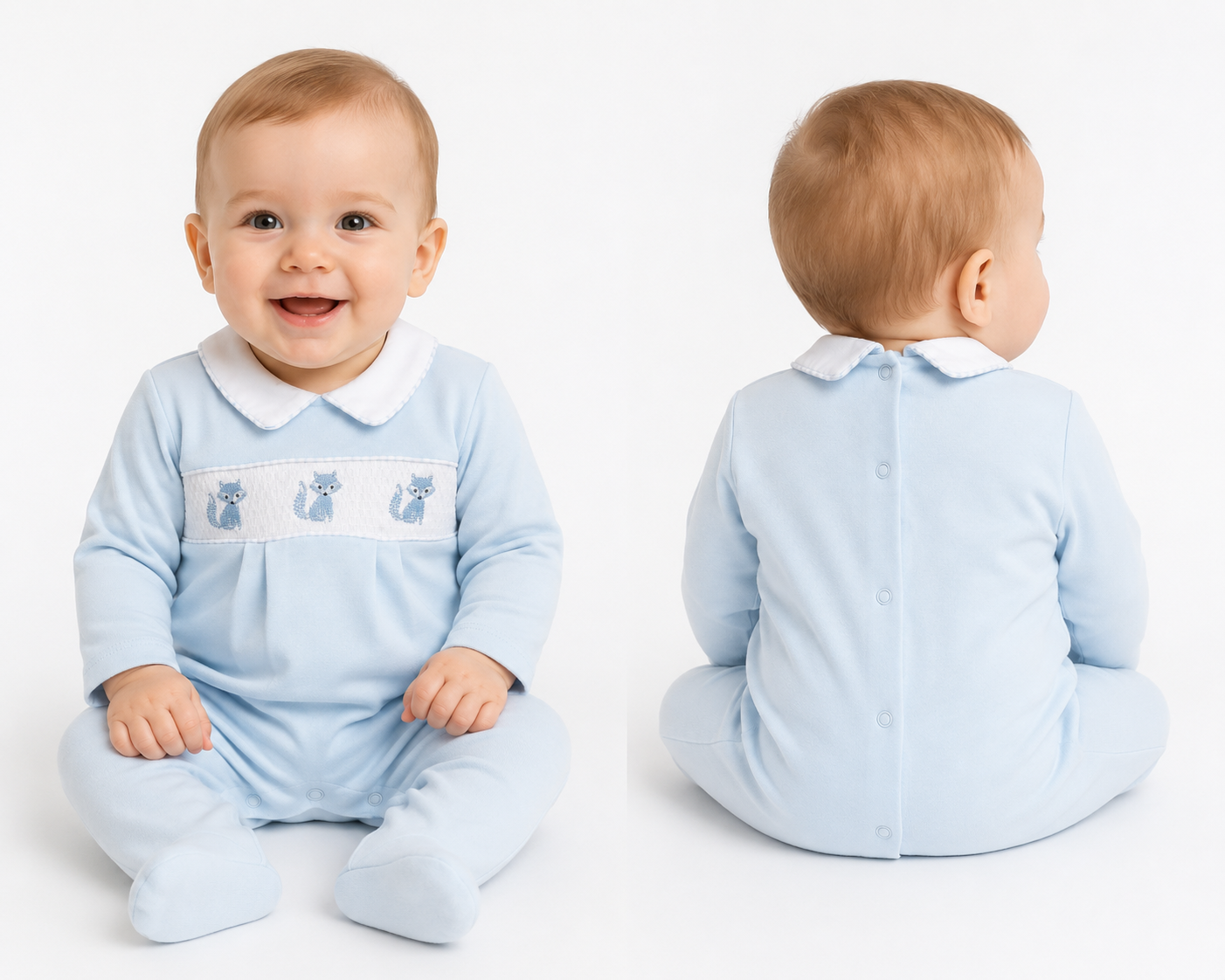 Luxury Cotton Baby Sleepsuit with Fox Smocking & Peter Pan Collar
