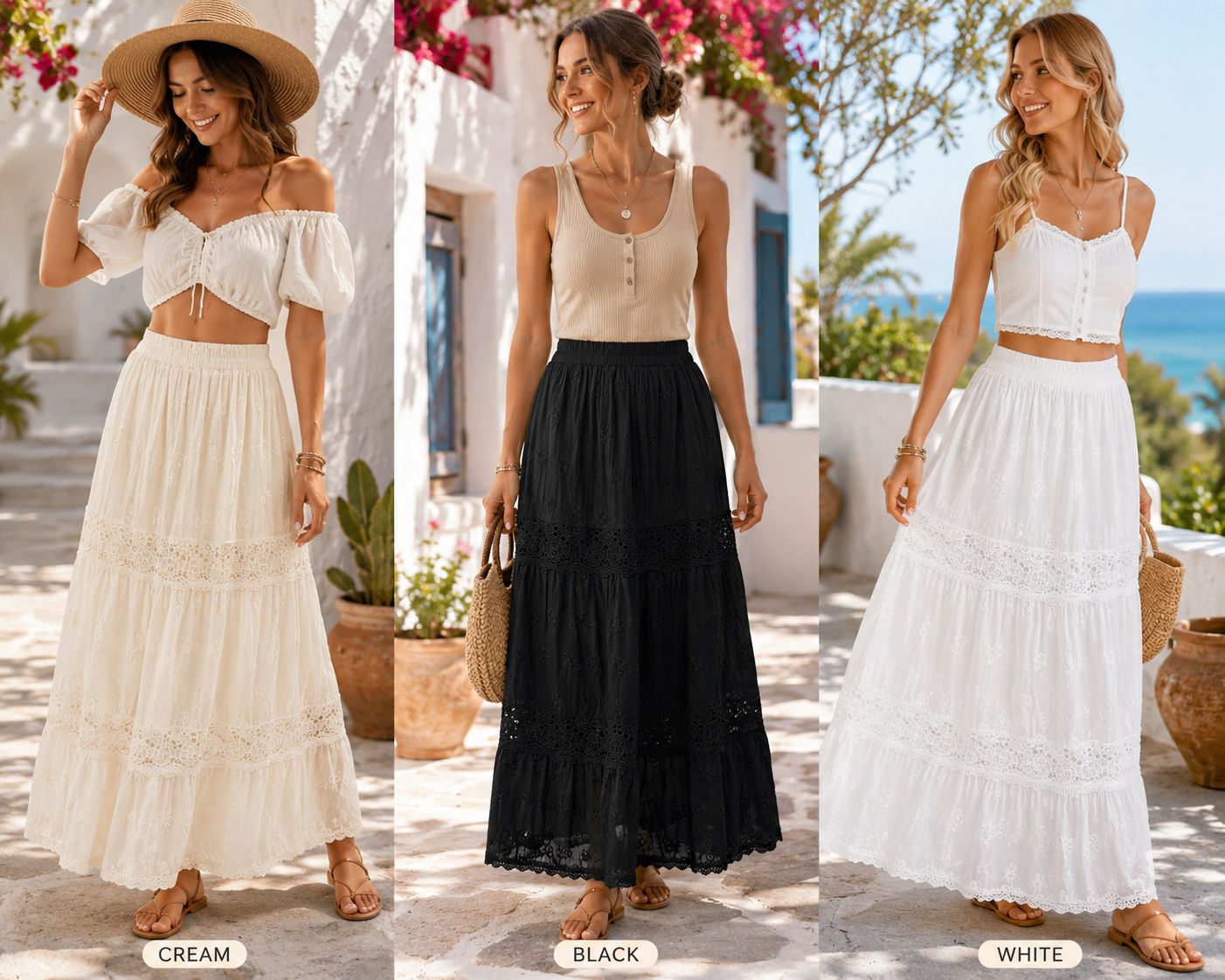 Tiered Lace Detail Elasticated Waist Maxi Skirt