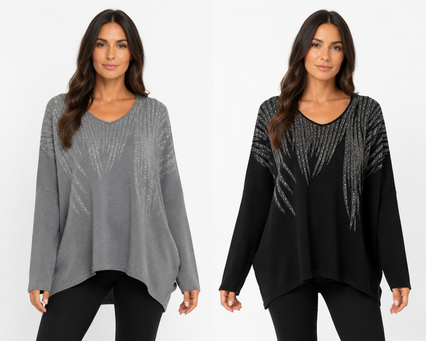 Bling Embellished Oversized V-Neck Jumper