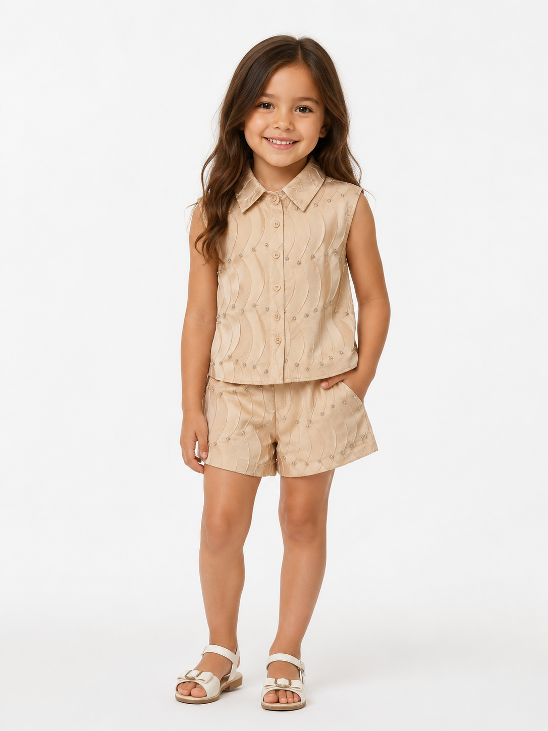 Luxury Girls Silk & Diamond Detail Shorts Set