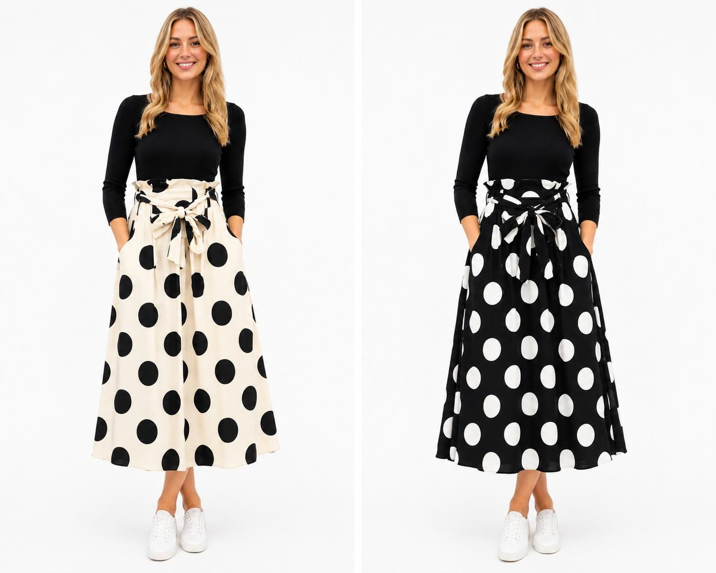 Stylish Polka Dot Midi Skirt with Wrap Around Belt