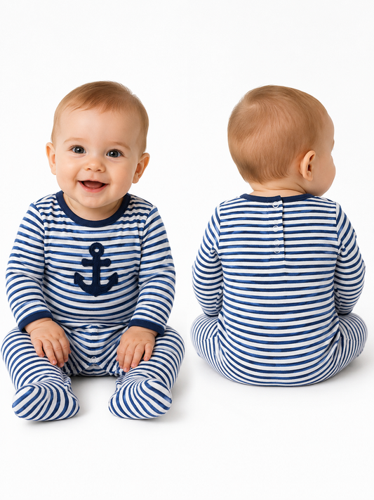 Baby Navy Stripe Sleepsuit with Raised Anchor Appliqué