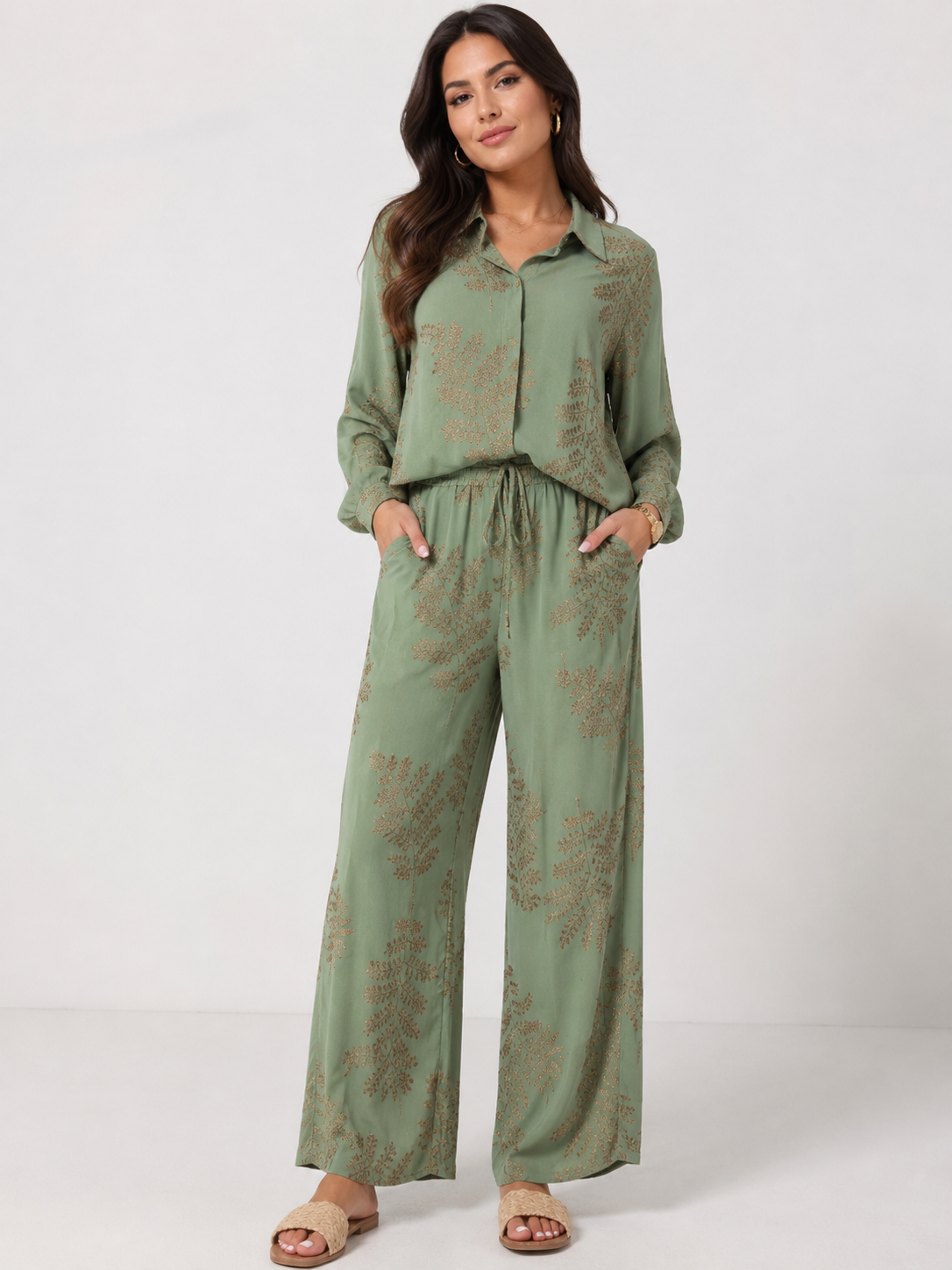 Luxury Sage Green Co-Ord Set With Gold Embroidery