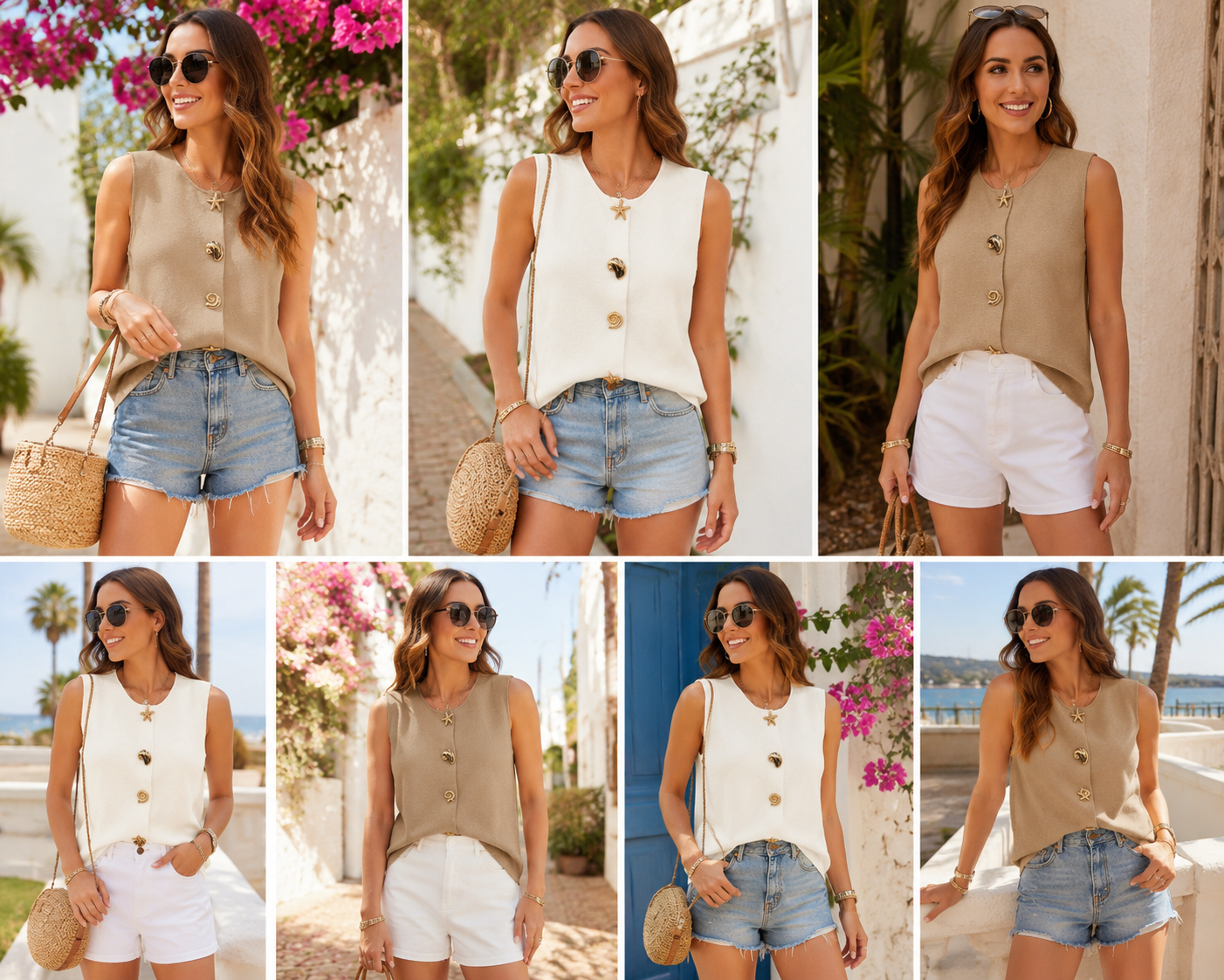 Sleeveless Knit Top Shell Shape Buttons