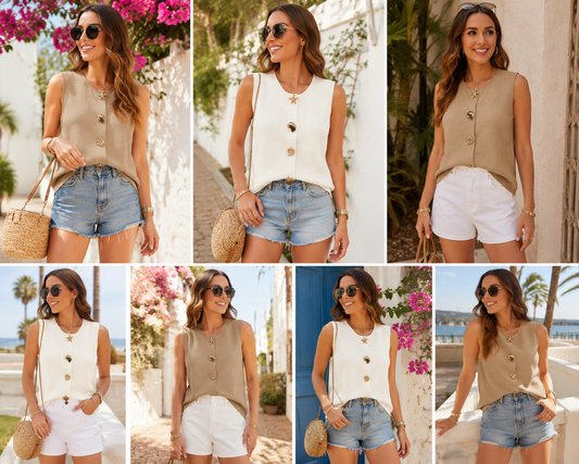 Sleeveless Knit Top Shell Shape Buttons