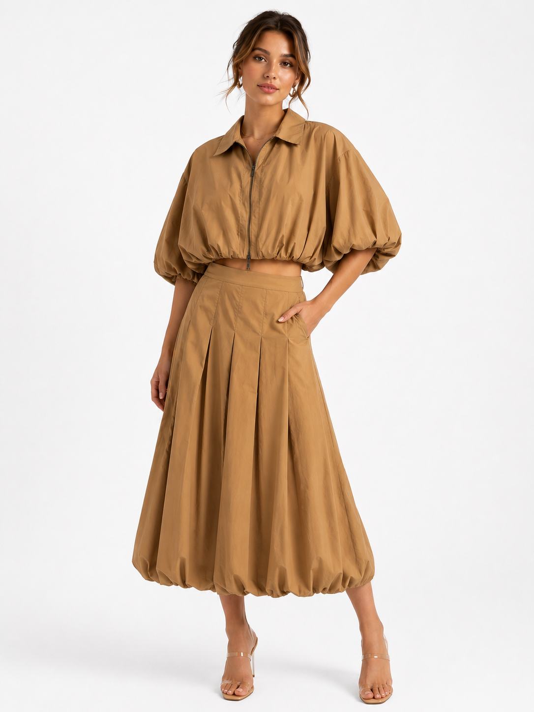 Elegant Beige Jacket Style Skirt Set with Pockets