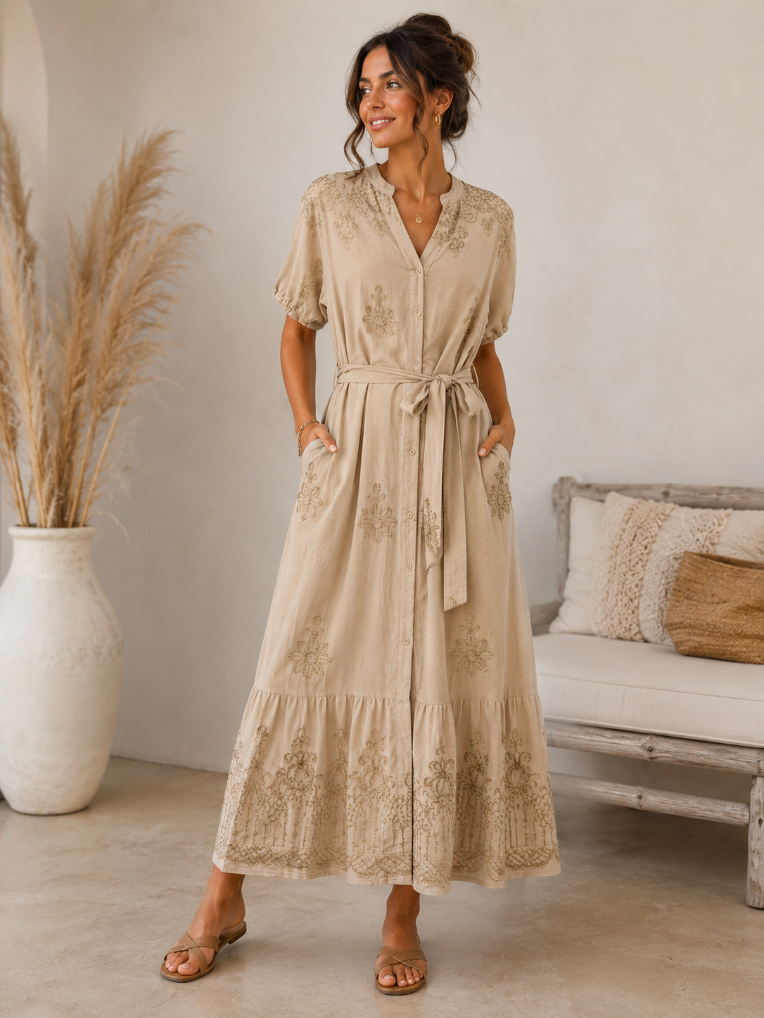 Elegant Gold Embossed Maxi Dress