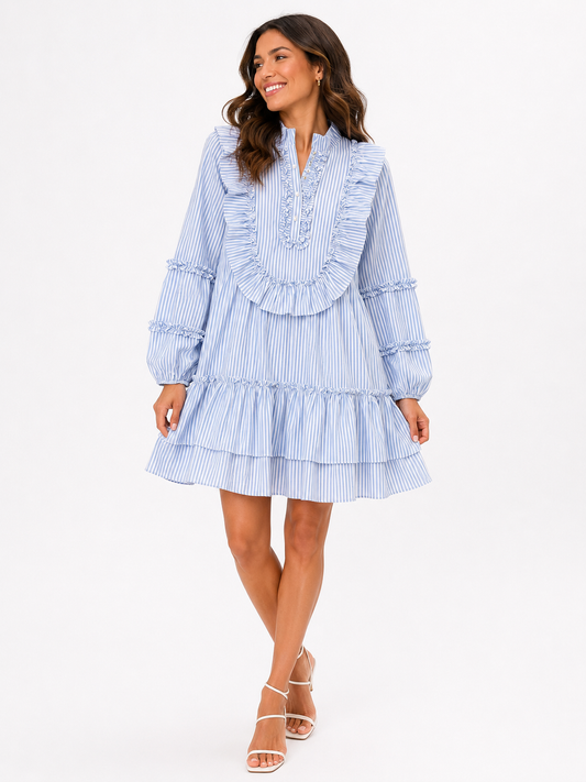 Blue & White Striped Ruffle Mini Dress