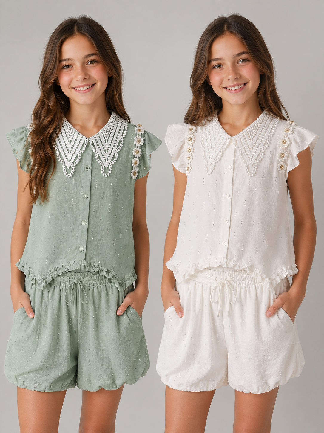 Luxury Girls Diamond Detail Co-Ord Set with Lace Collar