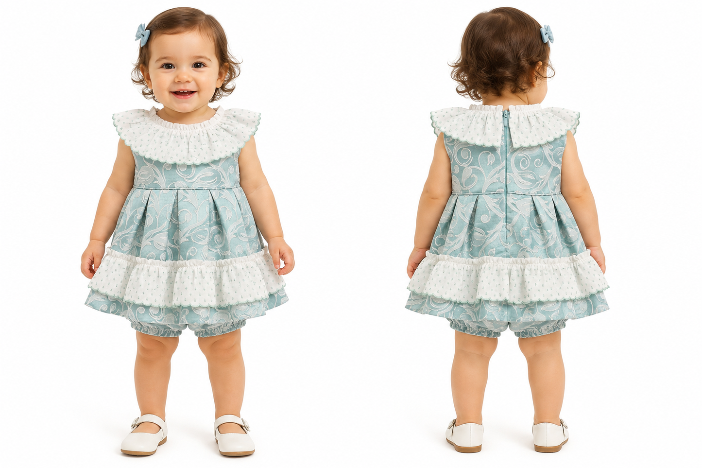 Luxury Baby Girls Mint Jacquard Dress Set with Bloomers