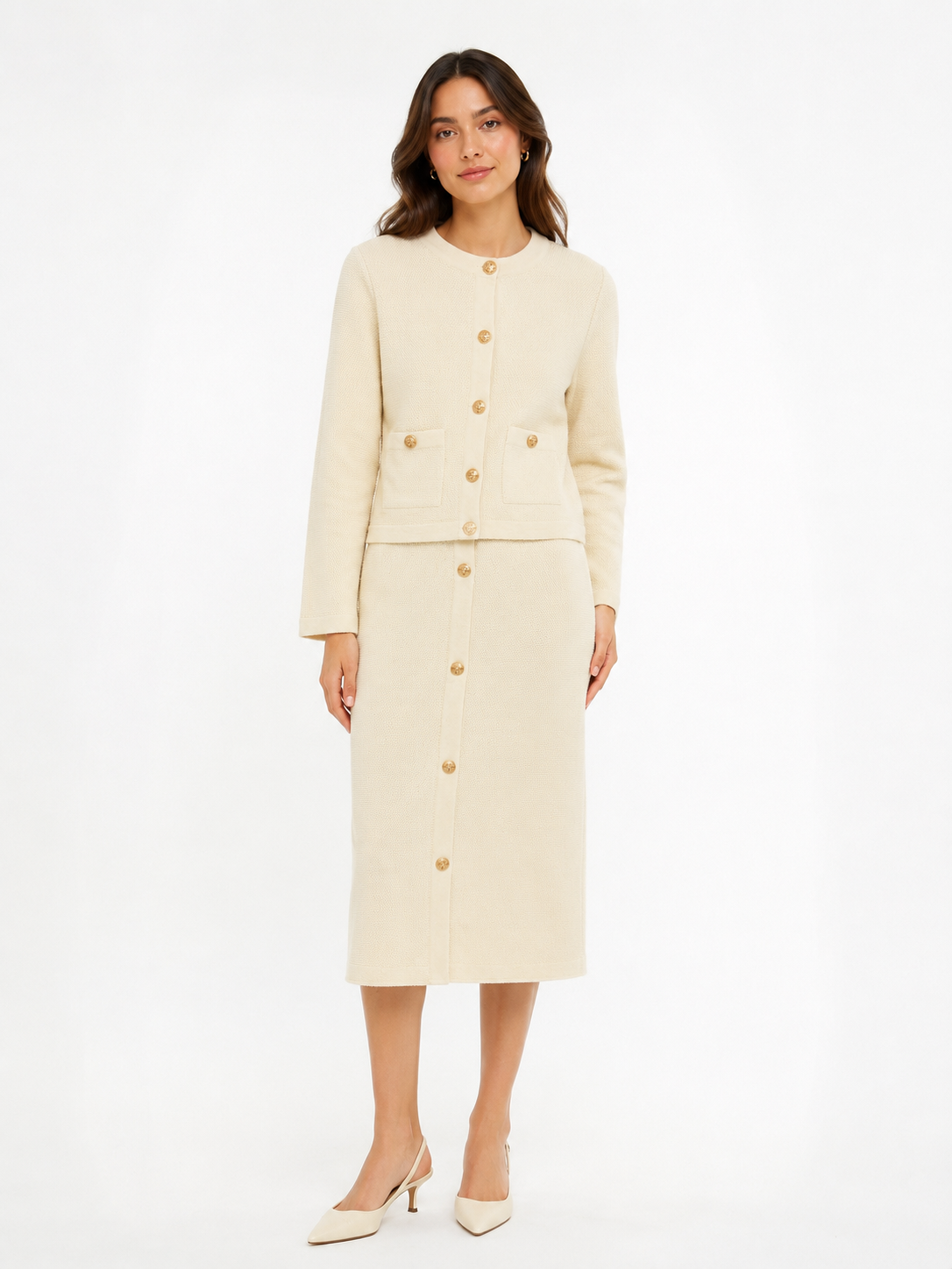 Soft Knit Gold Button Detail Skirt Set