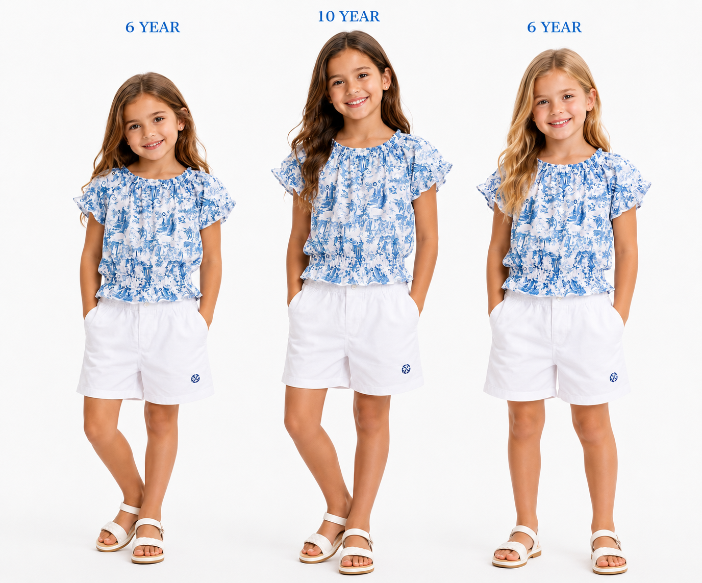 Girls' Toile Print Shirred Blouse & White Shorts Set