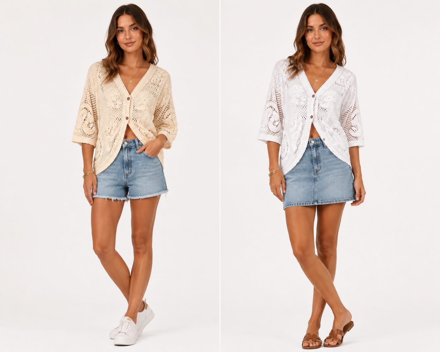 Elegant Crochet Style Cotton  Button Front Top
