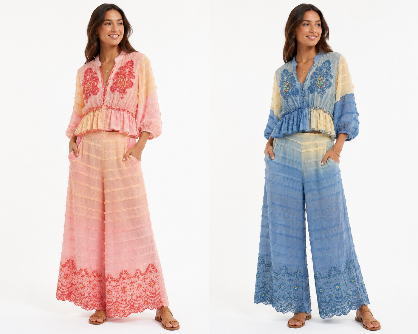 Bohemian Embroidered Lace Co-Ord Set with Wide Leg Trousers