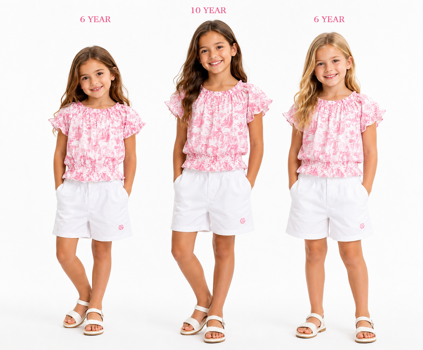 Girls' Toile Print Shirred Blouse & White Shorts Set
