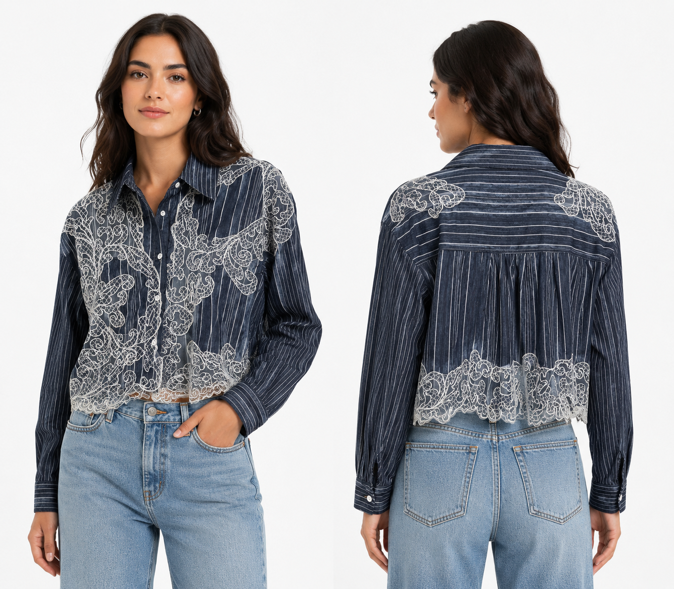 Navy Pinstripe Lace Detail Cropped Shirt With Embroidery