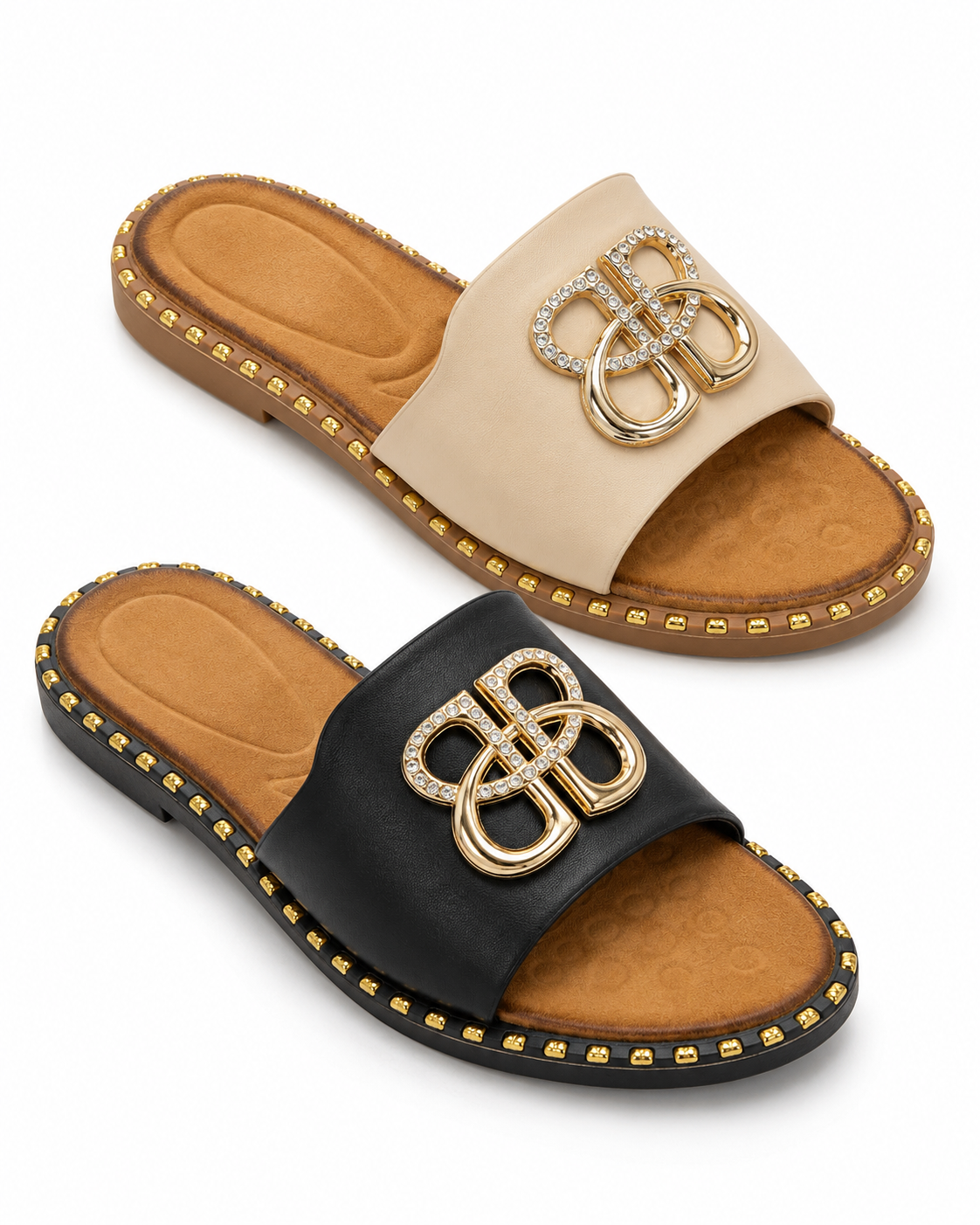 Luxury Diamante Buckle Cushioned Slider Sandals – Black & Beige