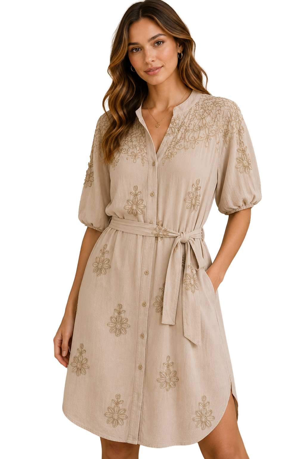 Embroidered Tie-Waist Midi Dress