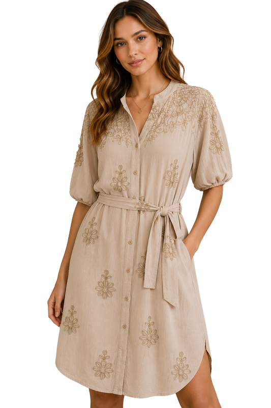 Embroidered Tie-Waist Midi Dress
