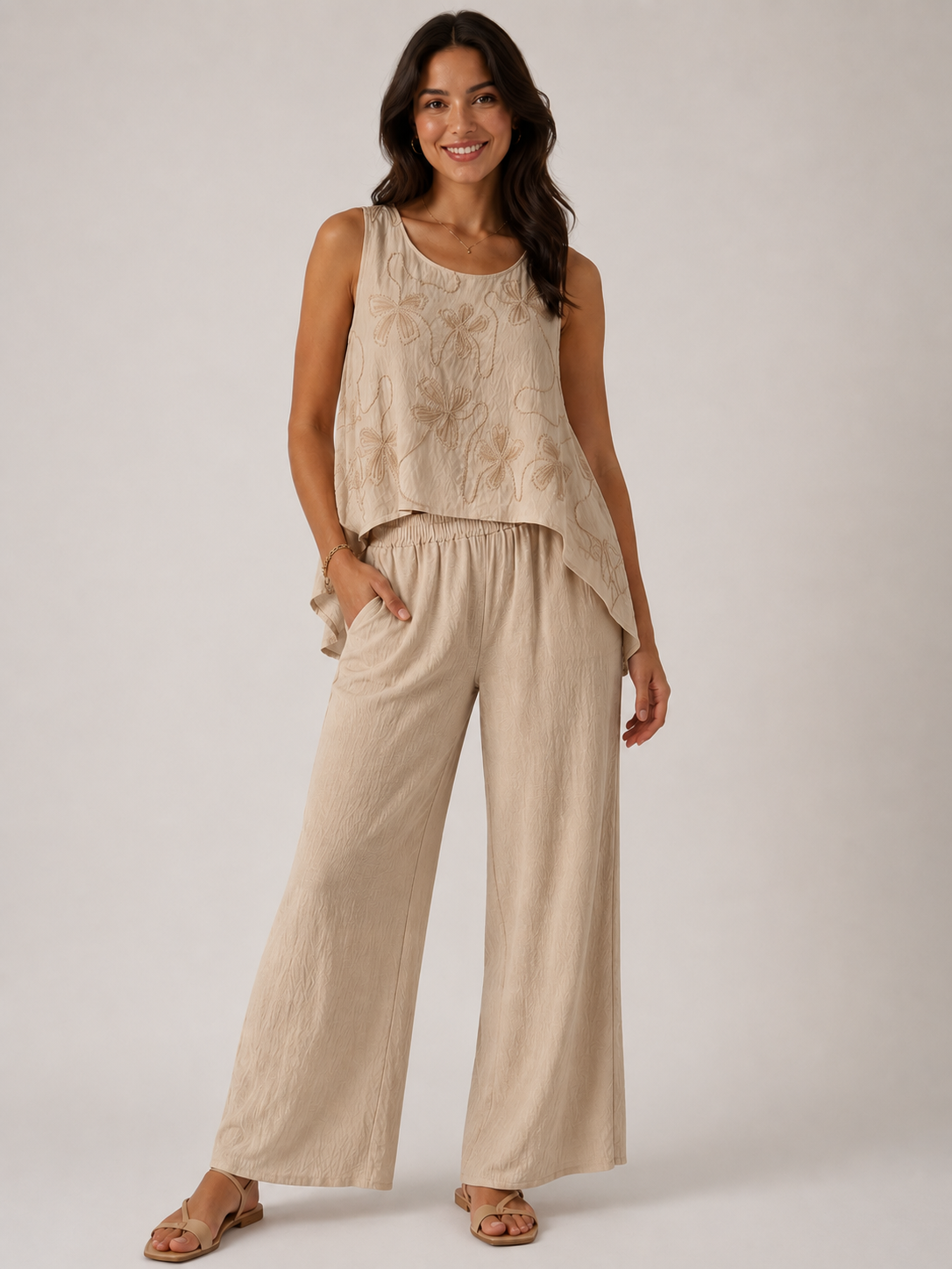 Women's Sleeveless Embroidered Co-Ord Set with Wide Leg Trousers & Pockets