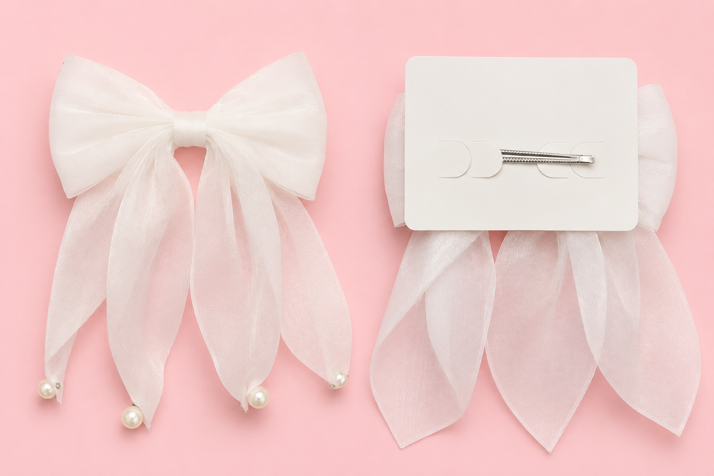 Organza Bow With Pearls in White Hair Clip