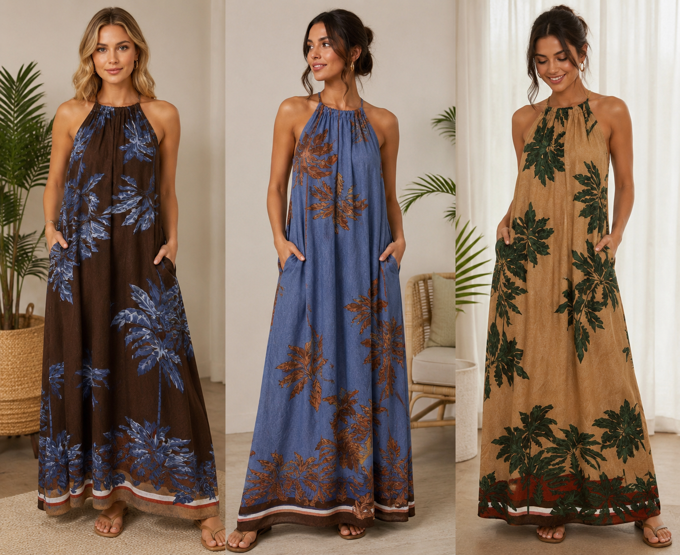 Palm Print Halter Neck Maxi Dress