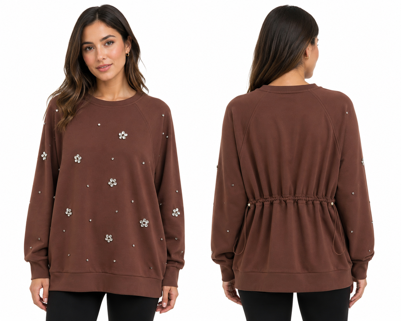 Plus Size Embellished Drawstring Sweatshirt – Chocolate Brown