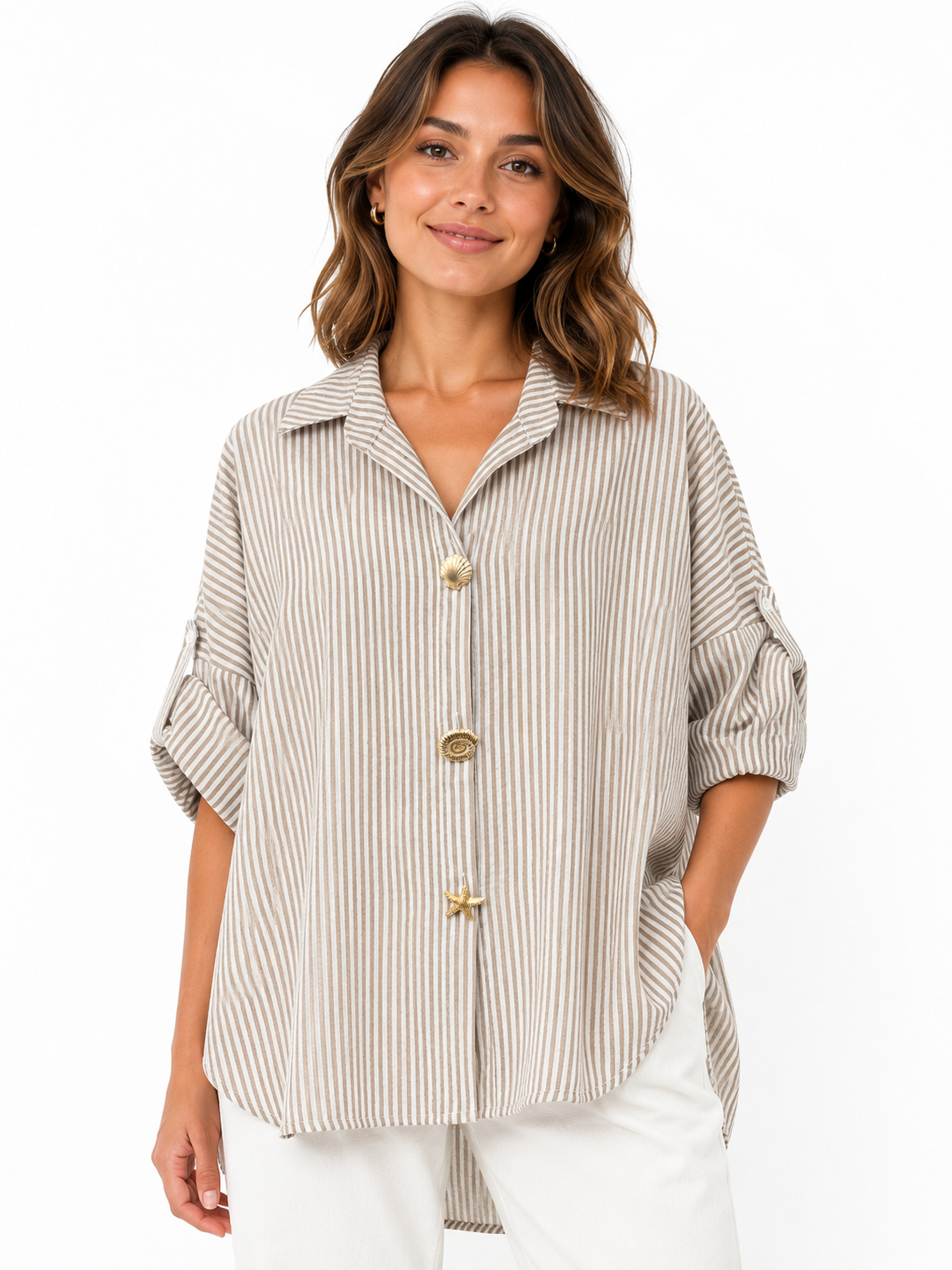 Seashell Button Stripe Blouse – Elegant Relaxed Fit Shirt