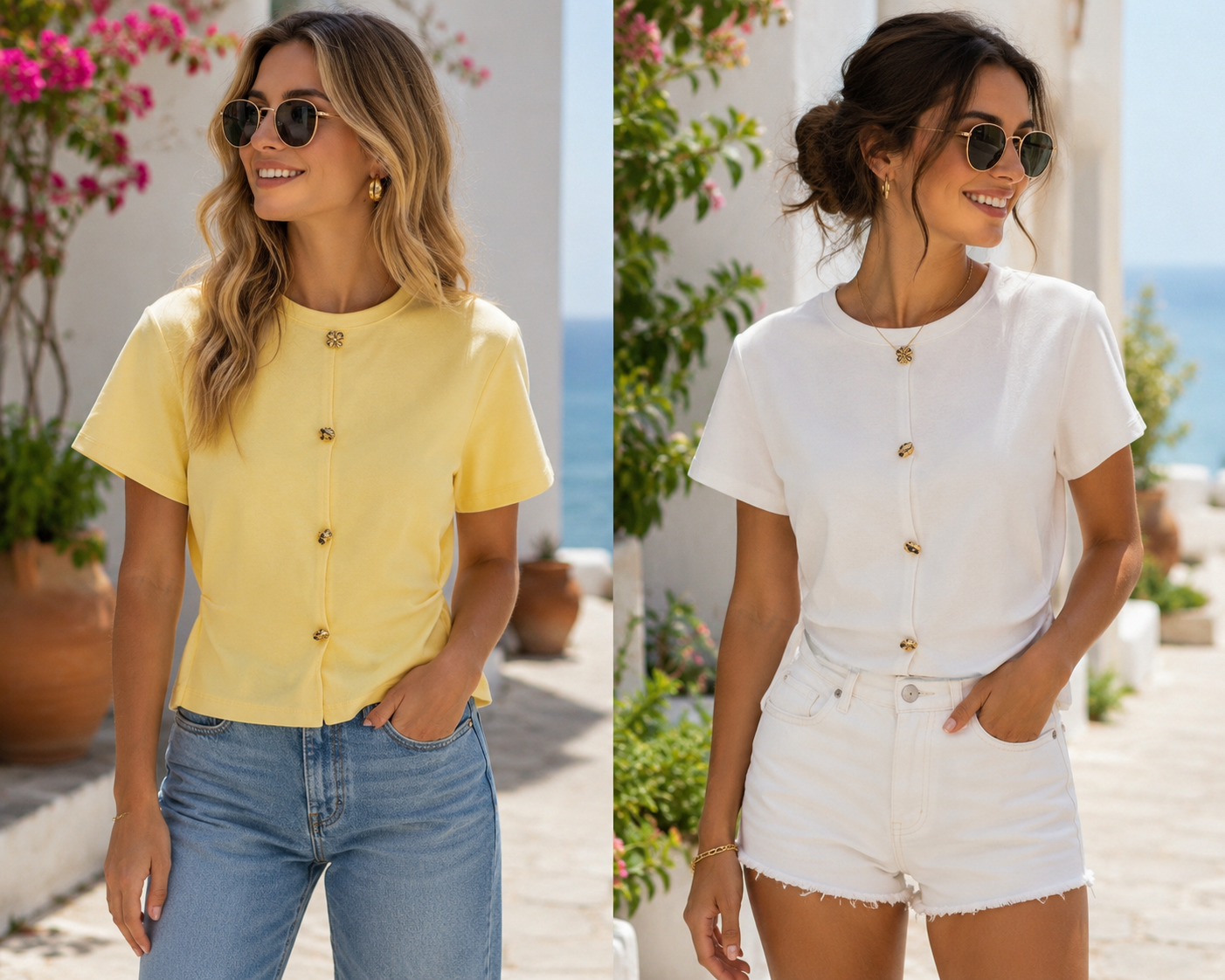 Stylish Gold Button Detail T-Shirt