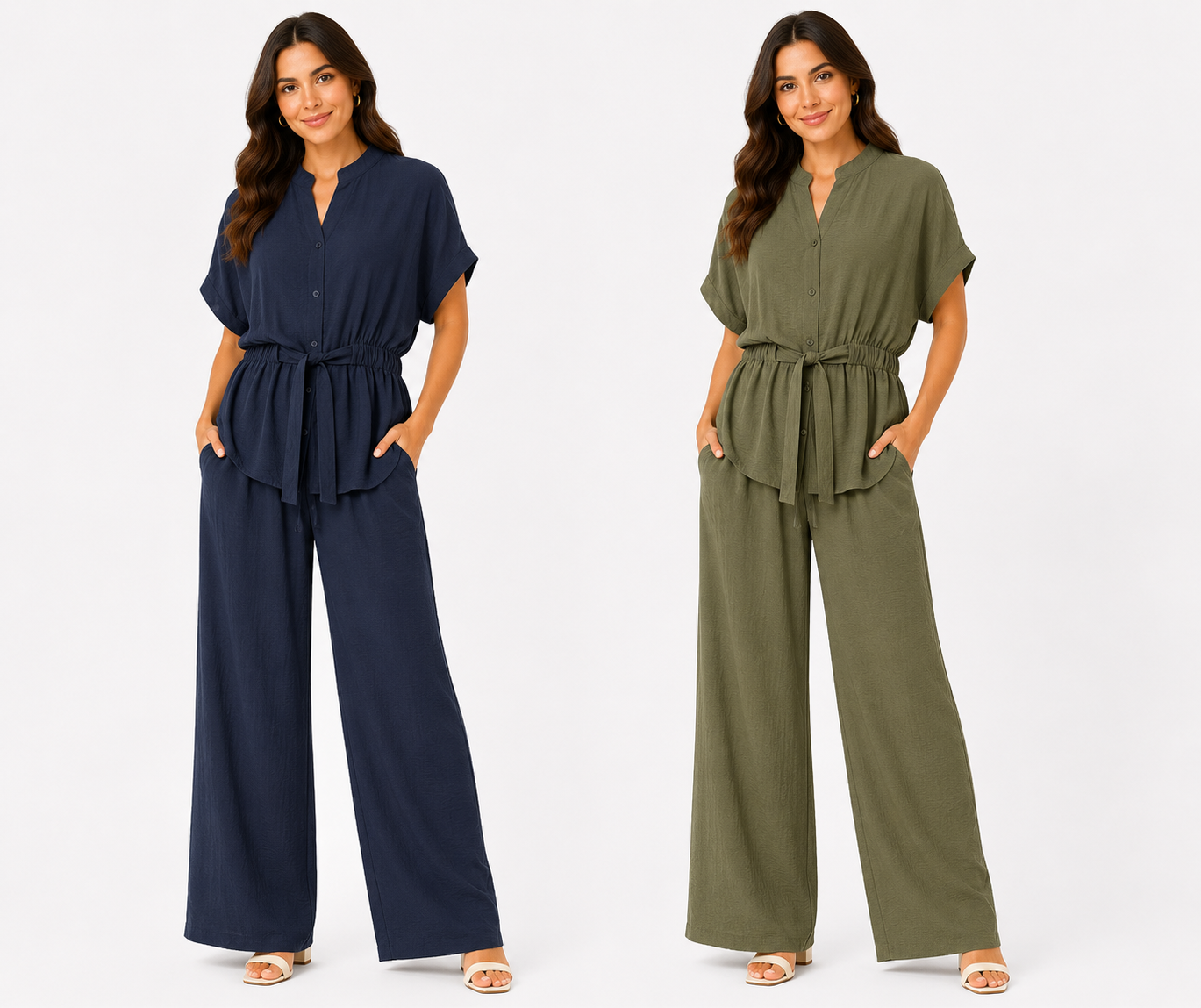 Tie Waist No Collar Wide Leg Co-ord Set – Navy & Khaki Green