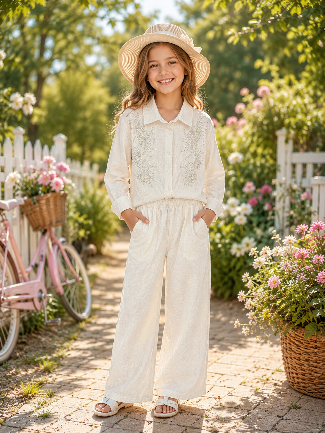 Girls Elegant Ivory Embroidered Co-Ord Set