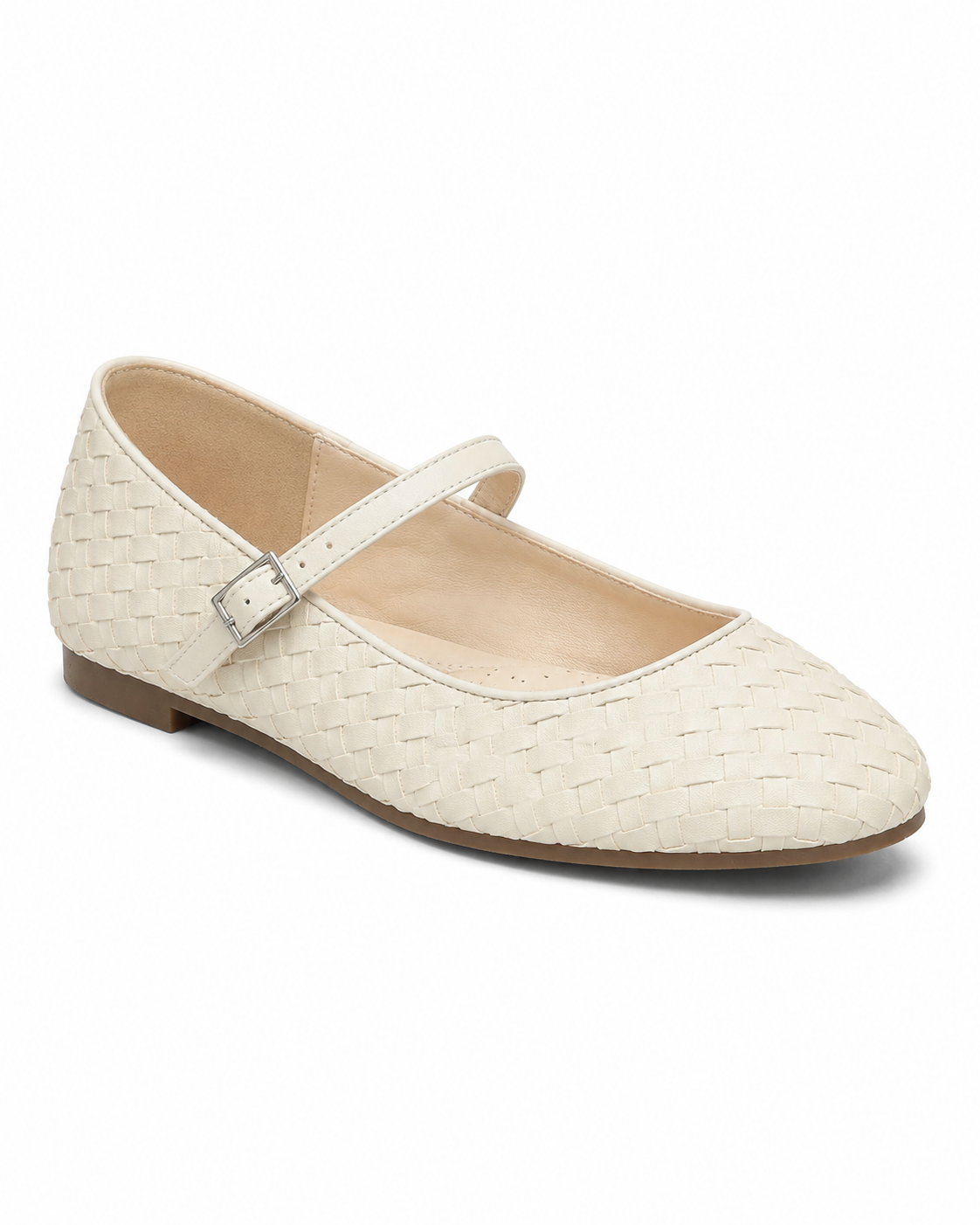 Cream Woven Mary Jane Flats – Cushioned Comfy Buckle Strap Shoes