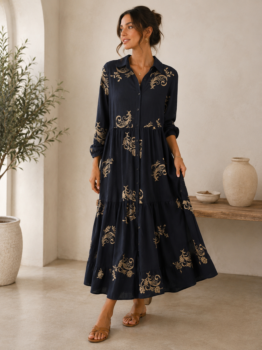 Black & Gold Embossed Maxi Dress