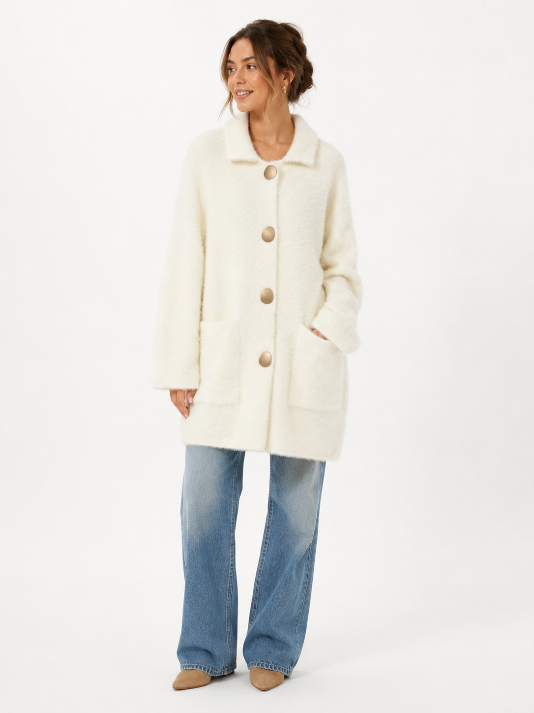 Ivory Super Soft Shimmer Gold Button Coat
